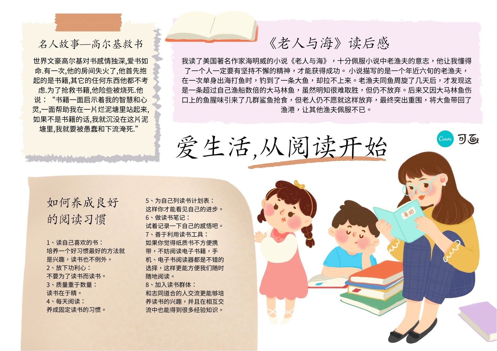 橙紫色读书矢量学校宣传中文手抄报 橙紫色读书矢量学校宣传中文手抄报
