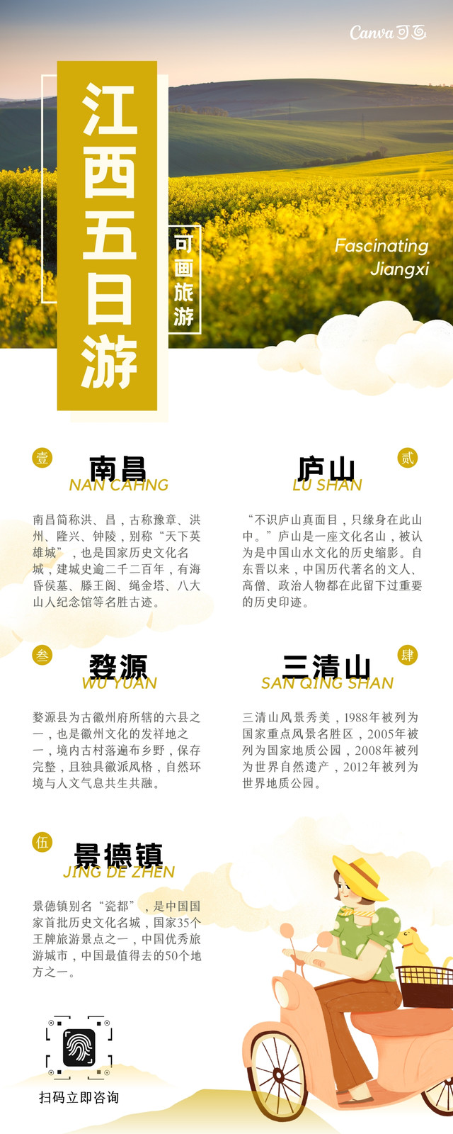 黄绿色精美旅游插画江西旅游简洁介绍中文信息图表 黄绿色精美旅游插画江西旅游简洁介绍中文信息图表